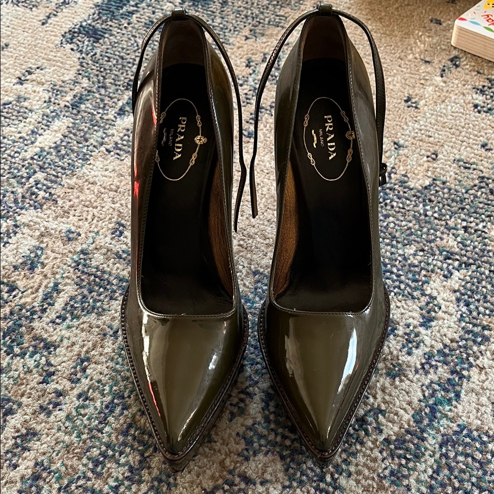 Prada Women's Army Green Patent Leather Heels